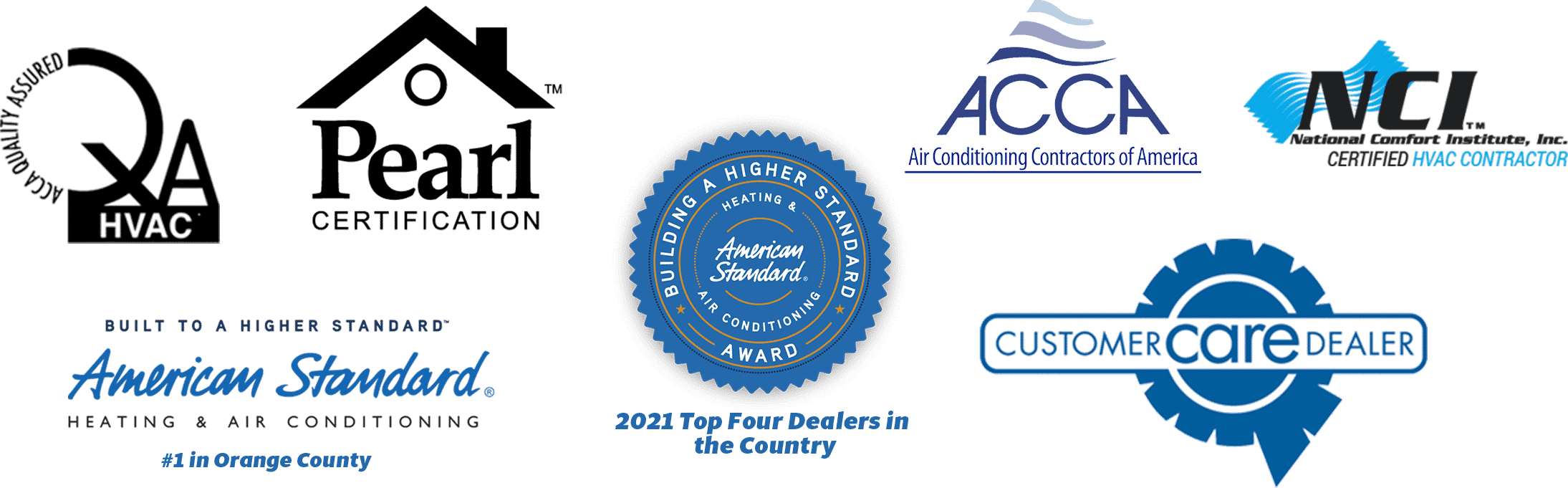 SoCal Airflow Pros awards and certifications include ACCA quality assured HVAC, Pearl certification, American Standard, Customer Care Dealer, and NCI certified HVAC contractor
